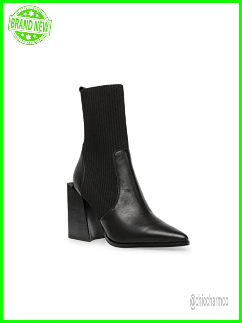Womens Chunky Stacked Heel Ankle Boots Pointed Toe Slip On Ribbed Knit Sock
